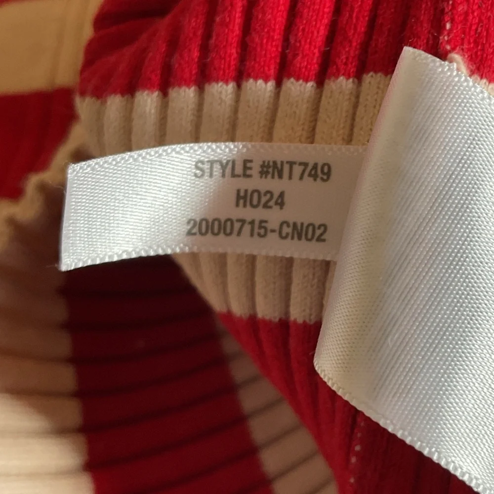 EUC Madewell NT749 Red and Cream v-neck ribbed stripe Sweater S Seam Separated